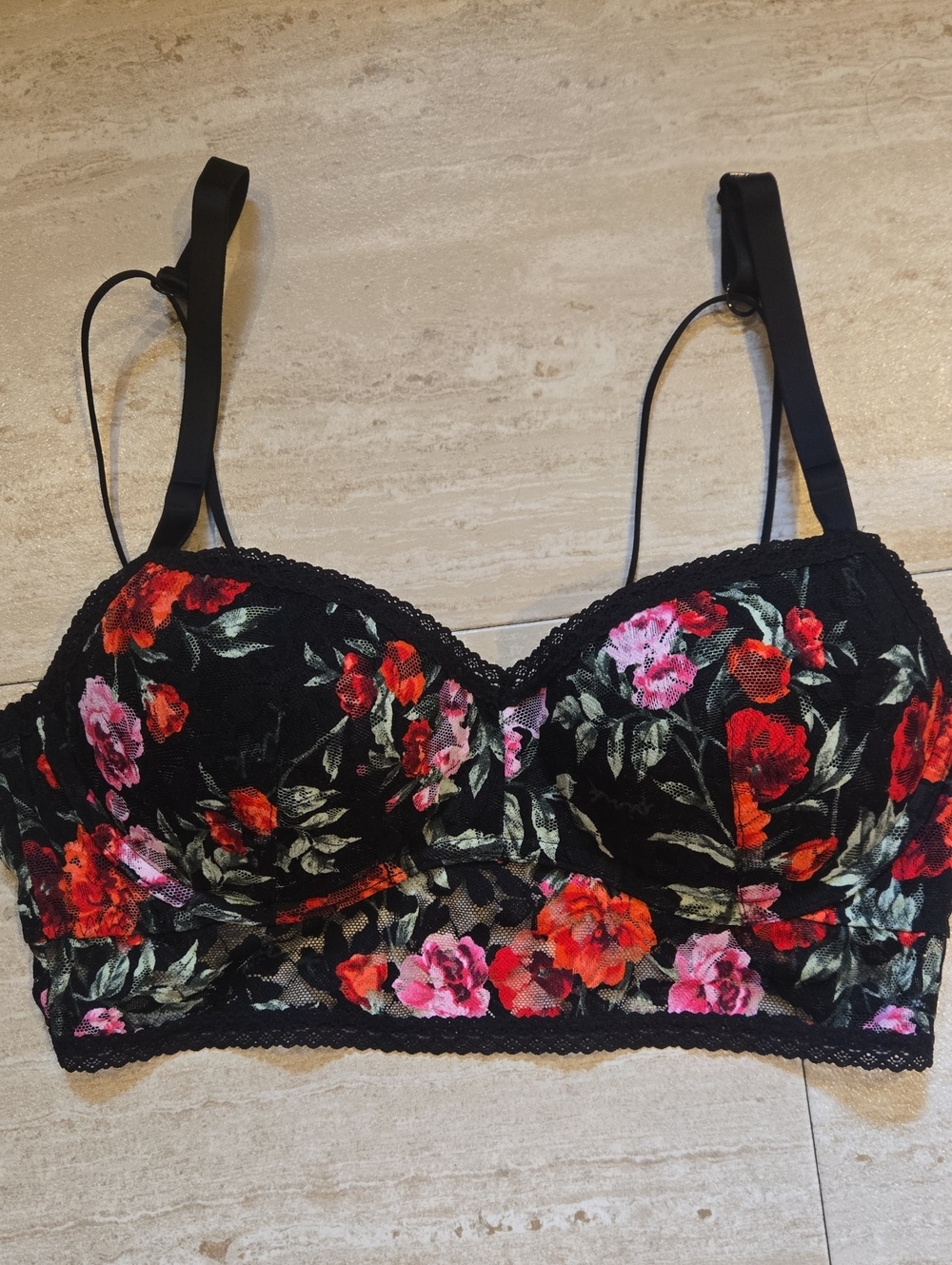 PINK Victoria's Secret Black/Floral Lace Push-Up Bralette